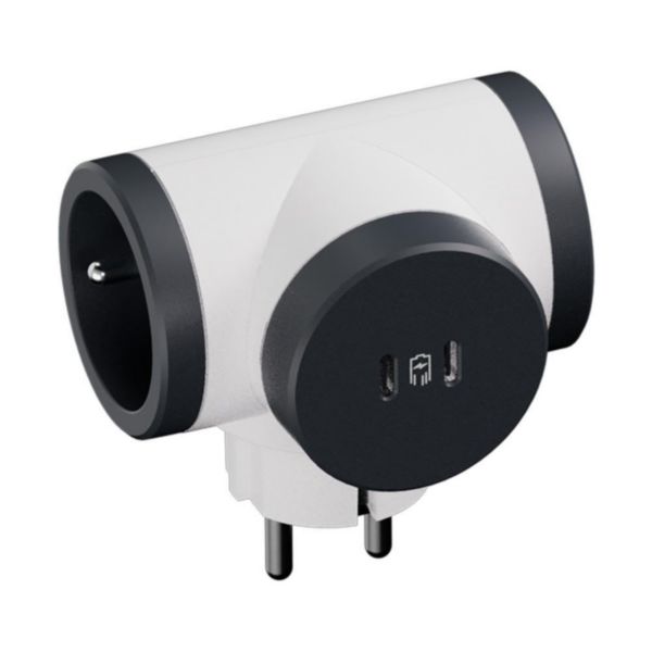 Fiche multiprise 2x2P+T latérales 16A 230V-3680W et 2 USB Type C 20W - Blanc/Noir