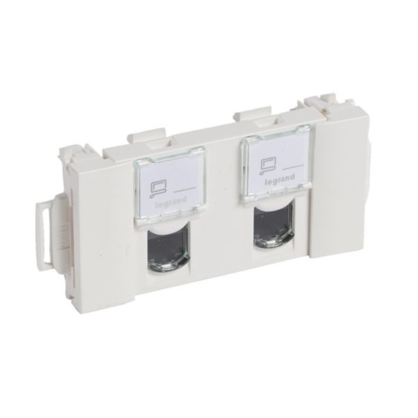 Double prise RJ45 Mosaic 6A STP goulotte clippage direct cat. 6 FTP 3 modules - Blanc