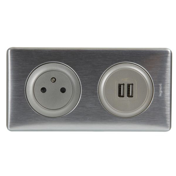 Prise de courant + chargeur 2 USB avec plaque Céliane + boite à encastrer -  Alu - particulier