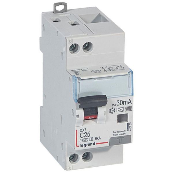 Disjoncteur différentiel DX³4500 arrivée haute et départ bas à vis U+N 230V~ - 25A typeF 30mA - courbe C - 2 modules