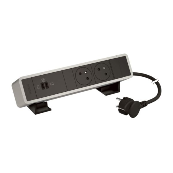 Incara On Desk bloc bureau 2 prises 2P+T- 1 prise double USB Type-C 63W Power Delivery - cordon 2m avec fiche - Alu/Noir