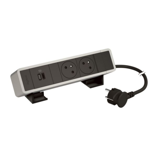 Incara On Desk bloc bureau 2 prises 2P+T- 1 prise double USB Type-C 45W Power Delivery - cordon 2m avec fiche - Alu/Noir