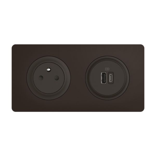 Prise 2P+T Surface Confort Céliane et double prise USB Type-A + Type-C précâblées avec plaque et boîte à encastrer - Noir