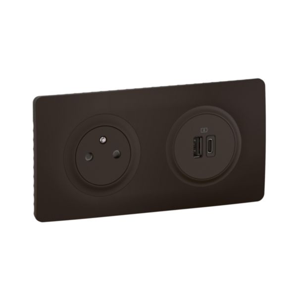 Prise 2P+T Surface Confort Céliane et double prise USB Type-A + Type-C précâblées avec plaque et boîte à encastrer - Noir