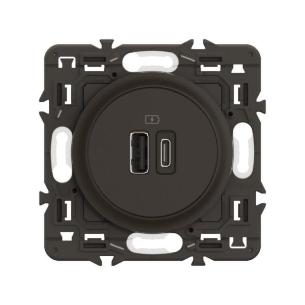 Prise double USB Céliane 15W Type-A + Type-C - Noir avec support, à équiper d'une plaque