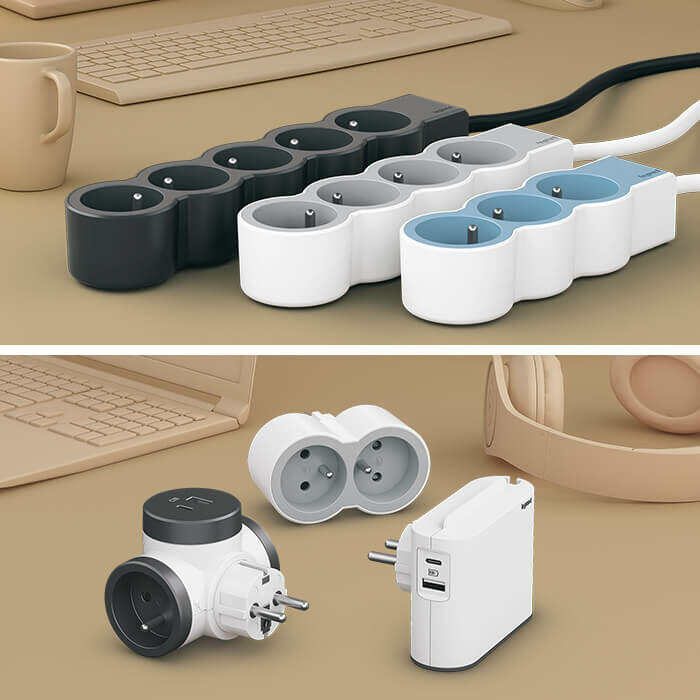 Multiprise station de charge 2 prises Surface , chargeur sans fils à  induction , prise USB Type-A+ Type-C et cordon - blanc/gris foncé -  particulier